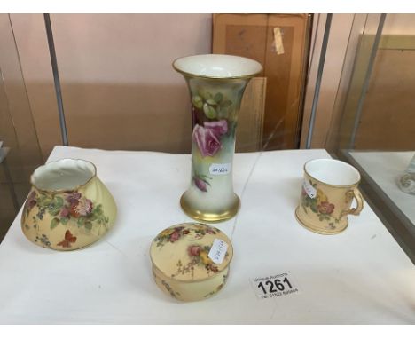 A vintage Royal Worcester vase G923, pot G958, cup and lidded potAll pieces in good condition