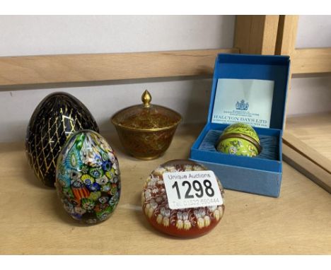 A Murano paperweight and 2 other paperweights plus a Halcyon days enamel egg etc 