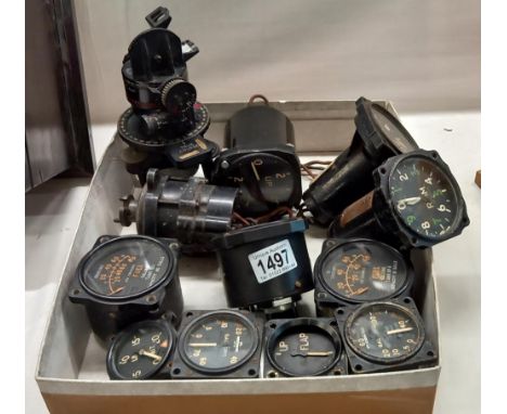An Air Ministry Astro Compass Mk11 6A/1174 and a quantity of aircraft instruments.