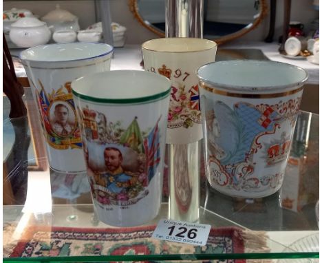 4 commemorative beakers, 3 china, 1 enamel Victorian 1837-1897 etc 