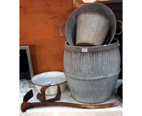 A vintage galvanised washing dolly, pail, bucket, enamel bowls, boot last etc COLLECT ONLY 