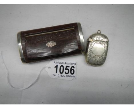 A rosewood snuff box with EPNS mounts and an EPNS match striker. 