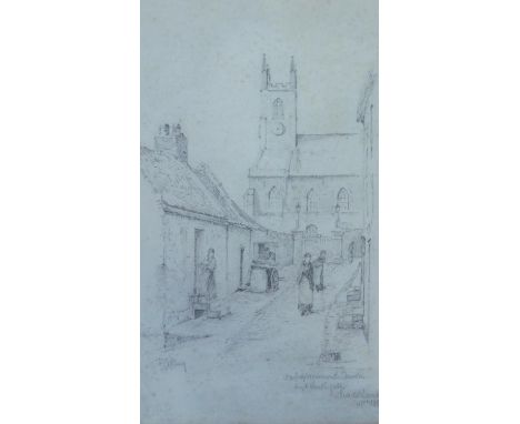 Robert Jobling (1841- circa 1925) A framed and glazed pencil sketch of a church in a village setting, signed and inscribed, R
