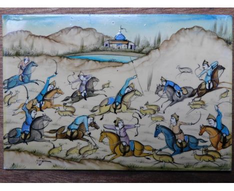 A framed and glazed Persian miniature gouache on panel of hunters on horseback hunting deer with bows and arrows. 15.5x12cm 