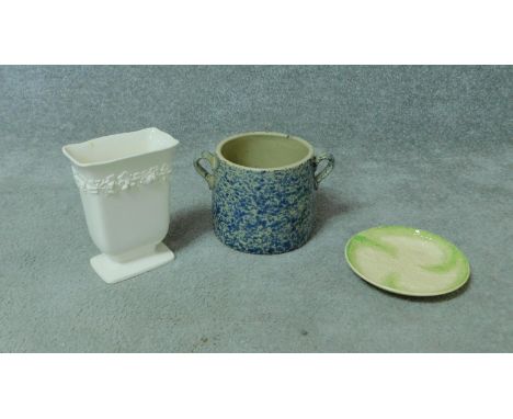 A collection of vintage and antique cermics. Inlcuding an embossed Queensware vase with relief vine and grape decoration, a C