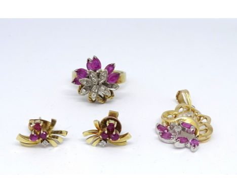 A 14ct ruby diamond suite comprising flower ring, size M, and pair of earrings and pendant, stamped 14k.