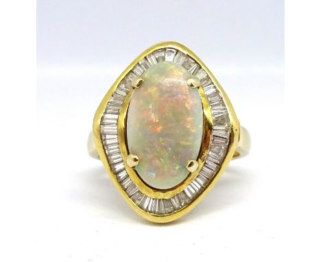 A large opal and diamond cluster ring, of similar design to lot 66 the opal approx. 15mm x 9mm, set within a border of baguet