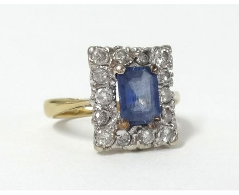An 18ct sapphire and diamond set cluster ring of rectangular form, size K.