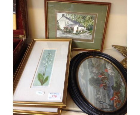 VARIOUS PICTURES TO INCLUDE 3 JUDY BALL PRINTS, A PAIR OF OVAL HUNTING PRINTS AND A WATERCOLOUR F4