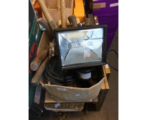 BOX OF TOOLS AND OUTDOOR FLOOD LIGHT WITH SENSOR