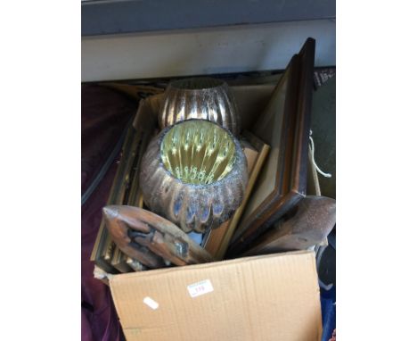 BOX OF BRIC A BRAC: PICTURES, FLYING SHUTTLES, TABLE LAMP