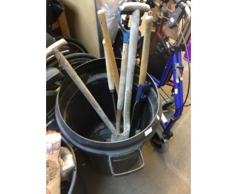 DUSTBIN OF TOOLS, SPADES, LAWN EDGER, SAW ETC.