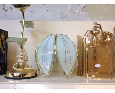A BRASS AND GLASS LAMP, CEILING FITTING AND ANOTHER SHADE M5