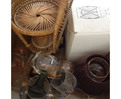 A BOX INCLUDING GLASS, WICKER CHAIR, CANDLE LANTERN ETC. T3FI