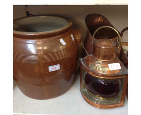 STONEWARE POT, COPPER LANTERN AND JUG       D2