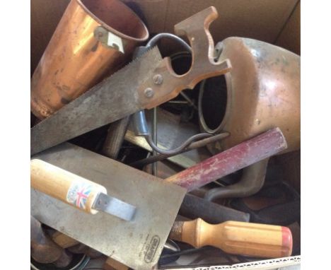 A BOX OF METAL WARE AND TOOLS T3FI