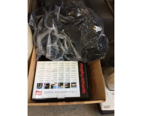 BOX OF BOXED ITEMS; TOASTER, CORDLESS KETTLE, GLASSES, JACKET