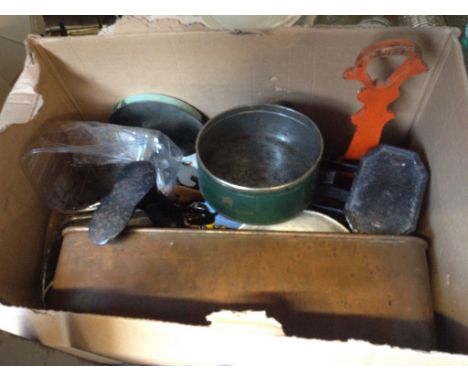 A BOX OF METAL WARE INCLUDING FISH KETTLE, SCALES, SHOE LAST ETC. T2FO