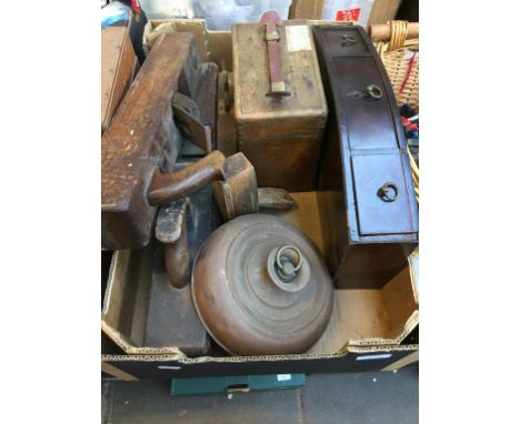 4 WOOD PLANES, PIGEON CLOCK, BRASS BED WARMING PAN