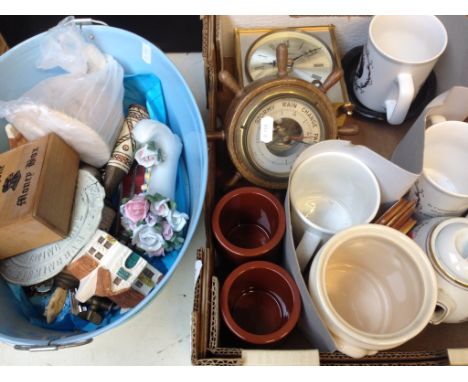 A BOX AND TIN OF MISC. INCLUDING A BAROMETER, CLOCK, SPOONS ETC. T2O