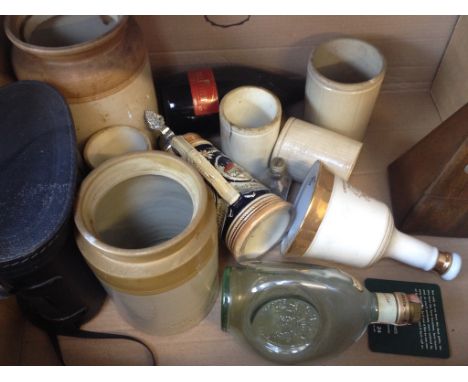 A BOX INCLUDING STONEWARE, BINOCULARS, METRONOME ETC. M1