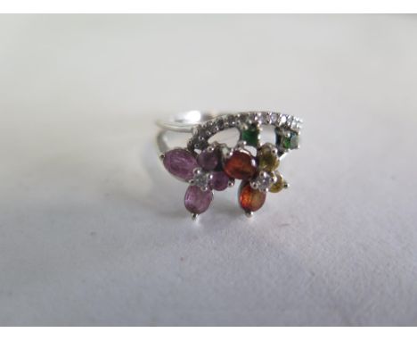 A multi gem and diamond, 18ct white gold ring, size K, approx 4 grams, generally good 