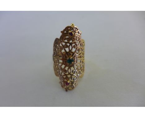 A yellow gold ornate ring, size N, approx 5 grams, impressed mark, tests above 9ct, generally good condition 