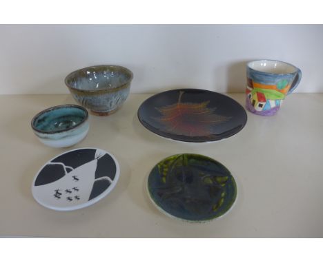 Two Poole plates a Sylvi Lindstrom coaster, two Bernard Rook bowls and a mug, all good apart from some flaking to mug and a c