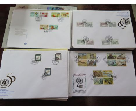 A collection of United Nations First Day Covers with stamps primarily in blocks, sheets or Miniature sheets -  high catalogue