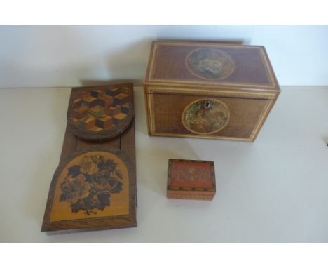 A 19th Century inlaid and decorated  tea caddy, a Tunbridge ware style book slide and box, in good condition but with some su
