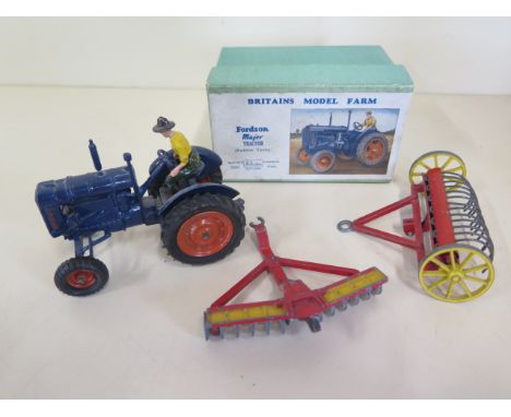 A boxed Britains model farm Fordson Major tractor - rubber tyres, no 128F - also unboxed farm machinery - 27K Meccano/Dinky h
