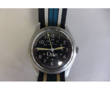 A Hamilton Military style gents wristwatch, manual wind, 17 jewel movement, circa 1970, 35mm wide, including button, in good 