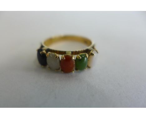 A 9ct gold five stone multi gem hard stone ring, size M, approx 2.5 grams - some usage marks, but generally good 