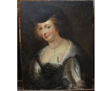 Manner of Sir Peter Paul Rubens, Portrait of a lady, oil on canvas, unframed, 66cm x 51.5cm.