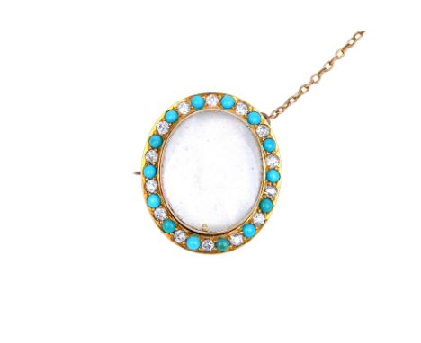 A Victorian gold, diamond and turquoise set oval brooch, glazed with a central locket compartment, within a surround of alter