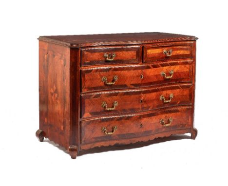 An 18th century Spanish walnut and kingwood serpentine commode of two short and three long graduated drawers, on shaped outst
