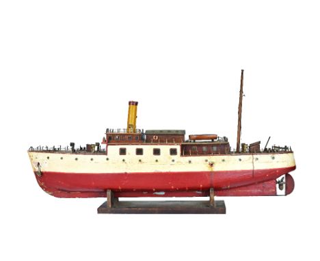 A scale model wooden steam ship, early 20th century, red and cream livery, with an internal 'Stuart' steam powered engine and