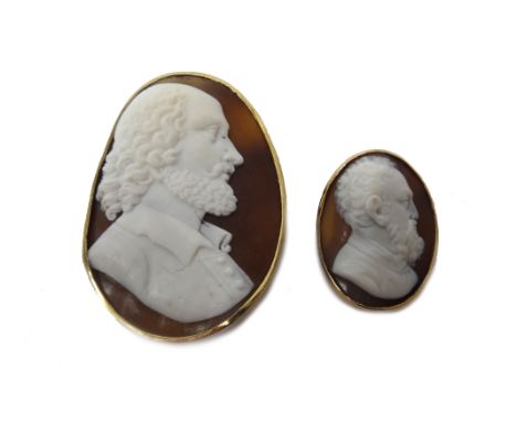A gold mounted oval shell cameo brooch, carved as the portrait of a bearded gentleman, fitted with a safety chain and another