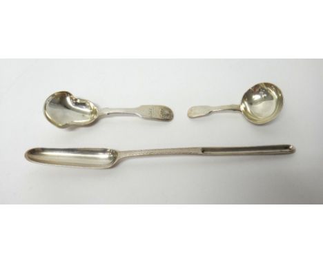 Silver, comprising; a marrow scoop, with bright cut engraved decoration, London 1775, a fiddle and shell pattern caddy spoon,