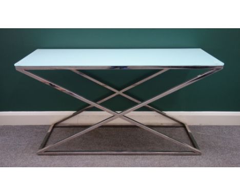 Eichholtz; a late 20th century chrome and glass console table with 'X' frame supports, 130cm wide x 75cm high x 41cm deep.