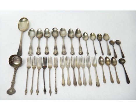 Silver flatware, comprising; a set of six pastry forks, Birmingham 1946, a sugar sifting spoon, a rat tail pattern tablespoon