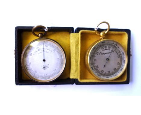 A J. Hicks; a brass cased compensated pocket barometer, late 19th century, 5cm diameter, and another brass cased compensated 