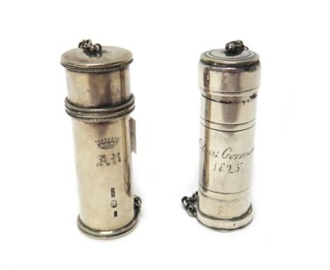 A gentleman's cylindrical shaving stick holder, engraved 'Claus Gorinson 1825', the detachable cover fitted to a circular lin