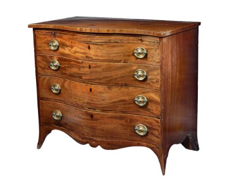 A George III mahogany serpentine chest, the brushing slide over four long graduated drawers, on splayed bracket feet, 100cm w
