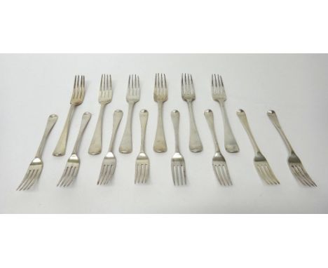 Silver Old English pattern table flatware, comprising; six dessert forks, London 1818, two dessert forks, London 1815, one ta