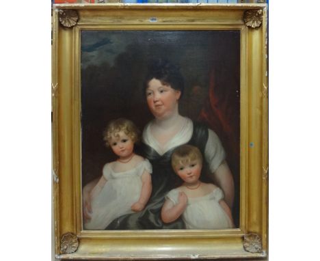 English School (19th century), Portrait of Mary Lomax nee Alker 1770-1837, and her children Esther and Hannah, oil on canvas,