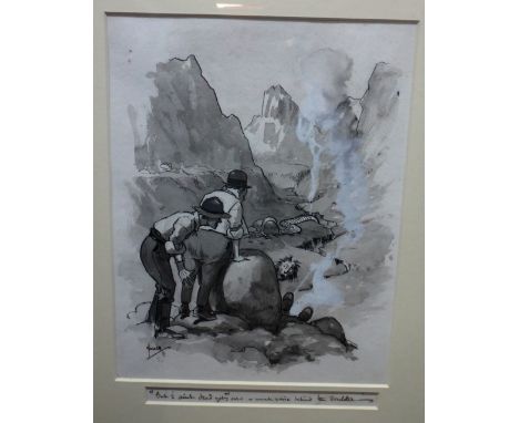 John Hassall (1868-1948), 'But 'e aint dead yet' said a weak voice behind the boulder, pen, ink and grey wash, 26cm x 19.5cm.