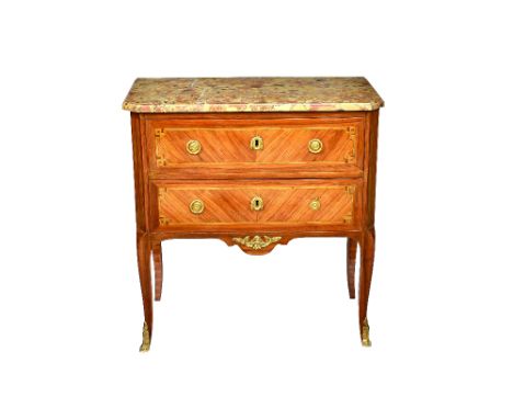 An 18th century French ormolu mounted tulipwood petite commode, the Breche d'Alep marble top over a pair of drawers, on slend
