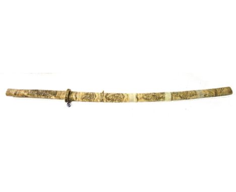 A Japanese katana with profusely carved bone handle, tsuba and scabbard, the steel blade 50cm long, (a.f).