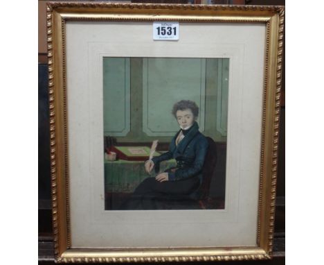 English School (19th century), Portrait of Richard Norman Newby, seated in an interior, watercolour and gouache, 20cm x 15cm.